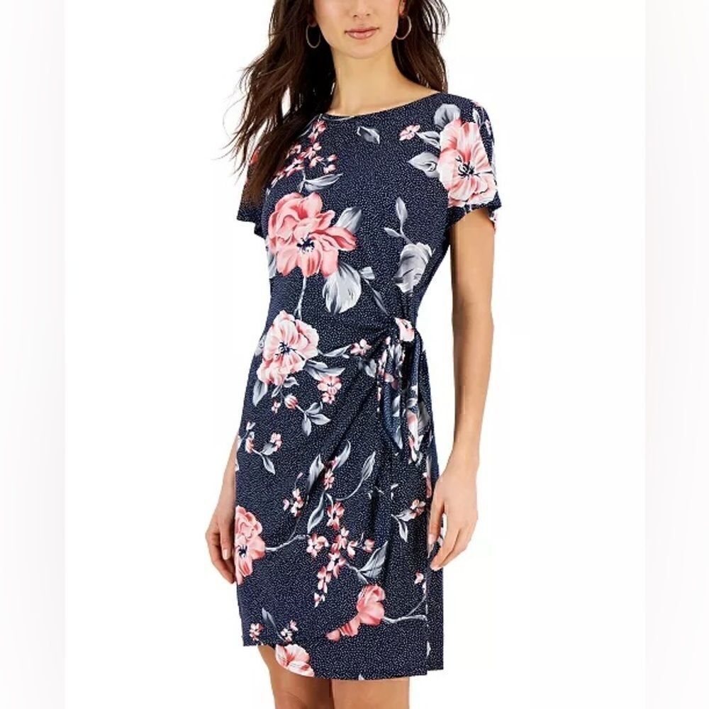 ROBBIE BEE Petite Side-Tie Short-Sleeve Jersey Dress PSM